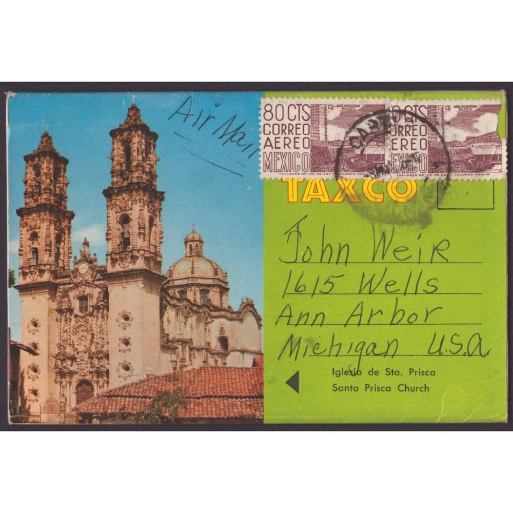Taxco Mexico Santa Prisca Church Iglesia de Sta Prisca Vtg Postcard Air Mail